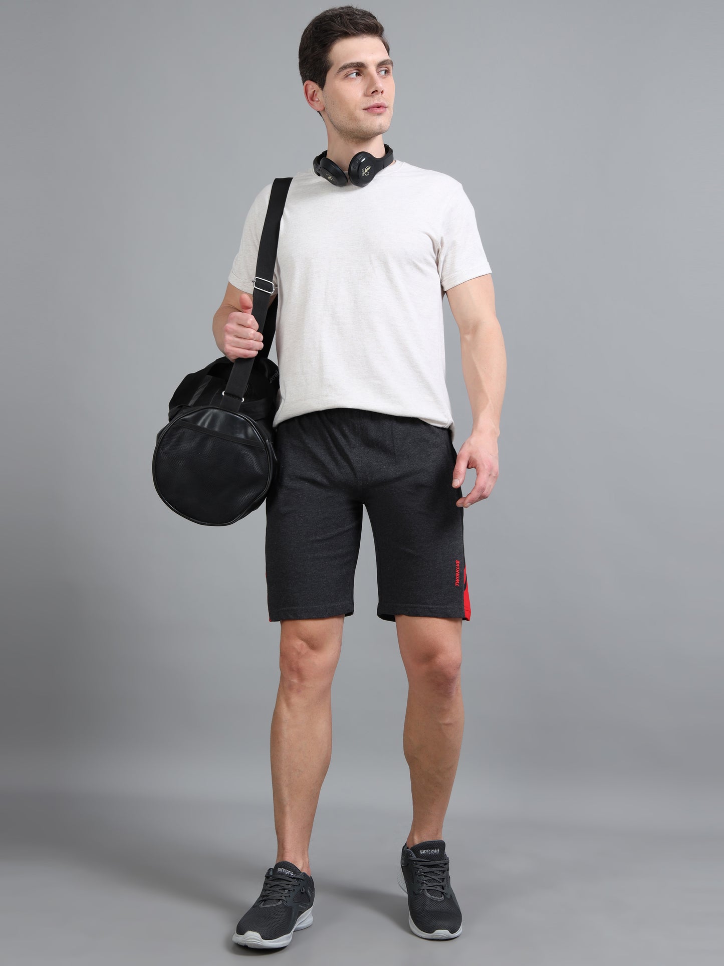 Bio Washed Cut n Sew Men's Shorts CHARCOAL & RED TK739