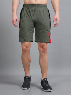 Bio Washed Cut n Sew Men's Shorts OLIVE MELANGE & RED TK739