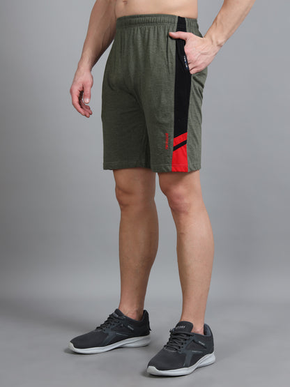 Bio Washed Cut n Sew Men's Shorts OLIVE MELANGE & RED TK739