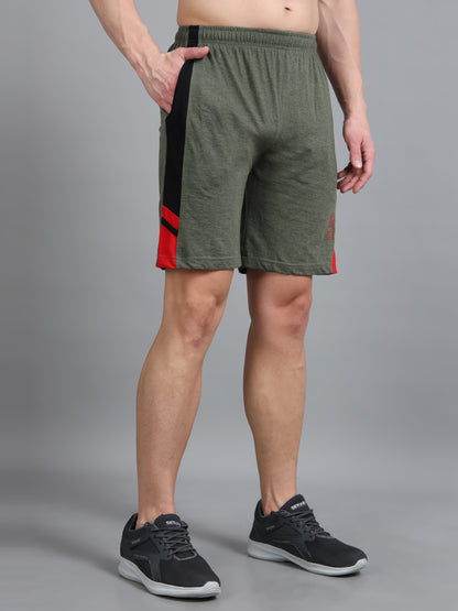 Bio Washed Cut n Sew Men's Shorts OLIVE MELANGE & RED TK739