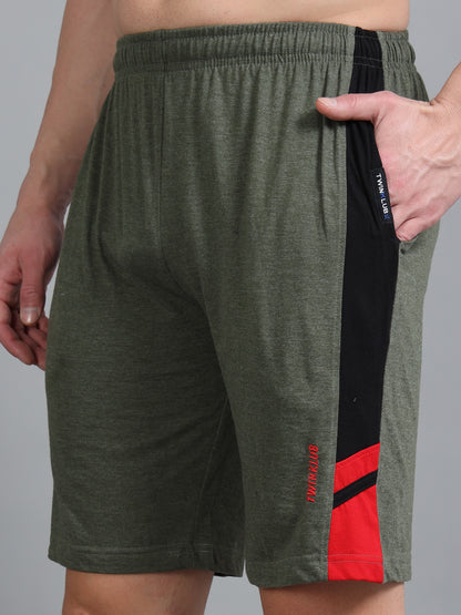 Bio Washed Cut n Sew Men's Shorts OLIVE MELANGE & RED TK739