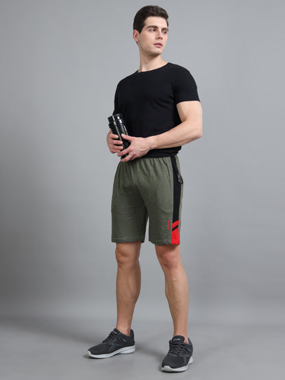 Bio Washed Cut n Sew Men's Shorts OLIVE MELANGE & RED TK739