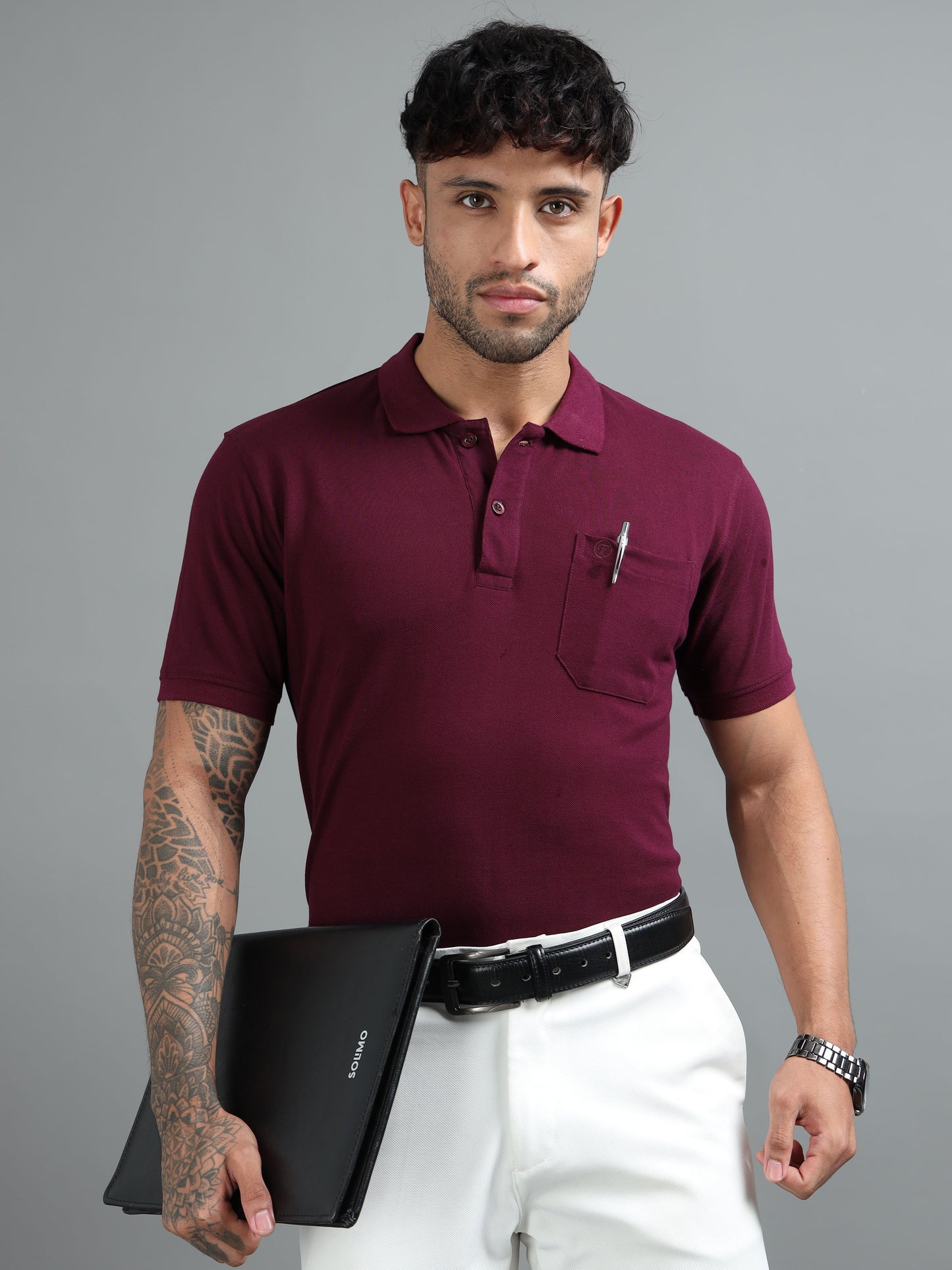 Mens Executive Cotton Polos with Pocket Emberwood Wine Polo T-shirt TK707