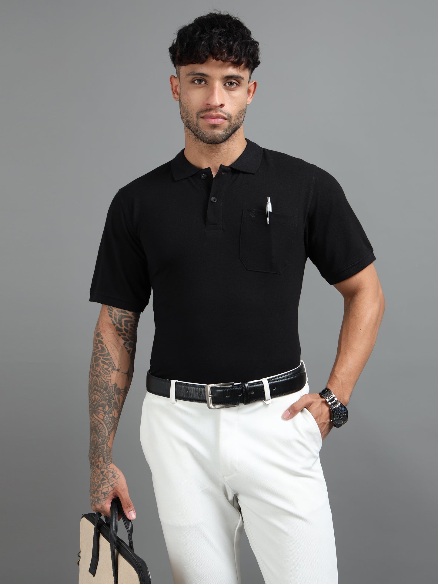 Mens Executive Cotton Polos with Pocket Raven Black Polo T-shirt TK707