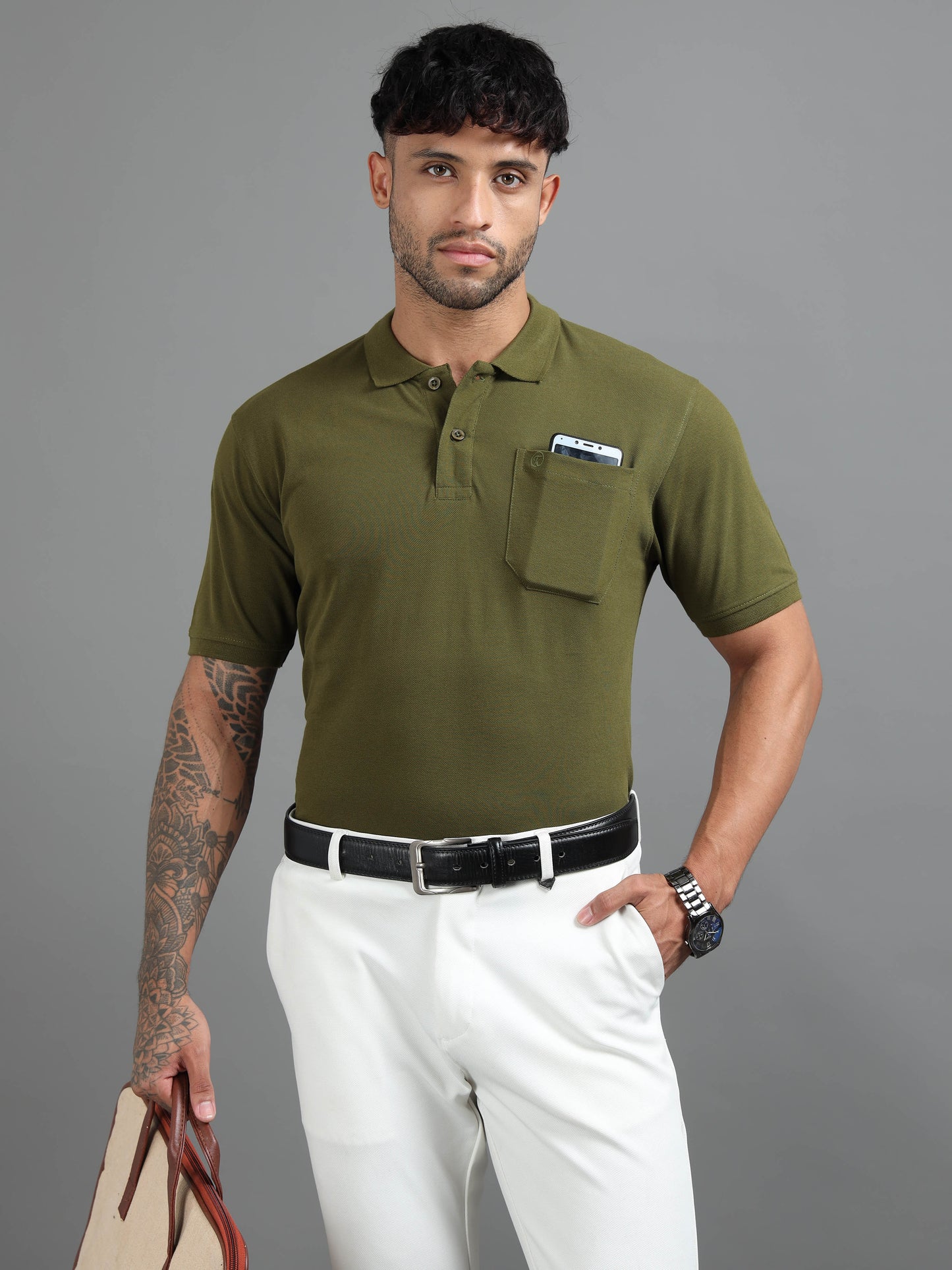 Mens Executive Cotton Polos with Pocket Army green Polo T-shirt TK707