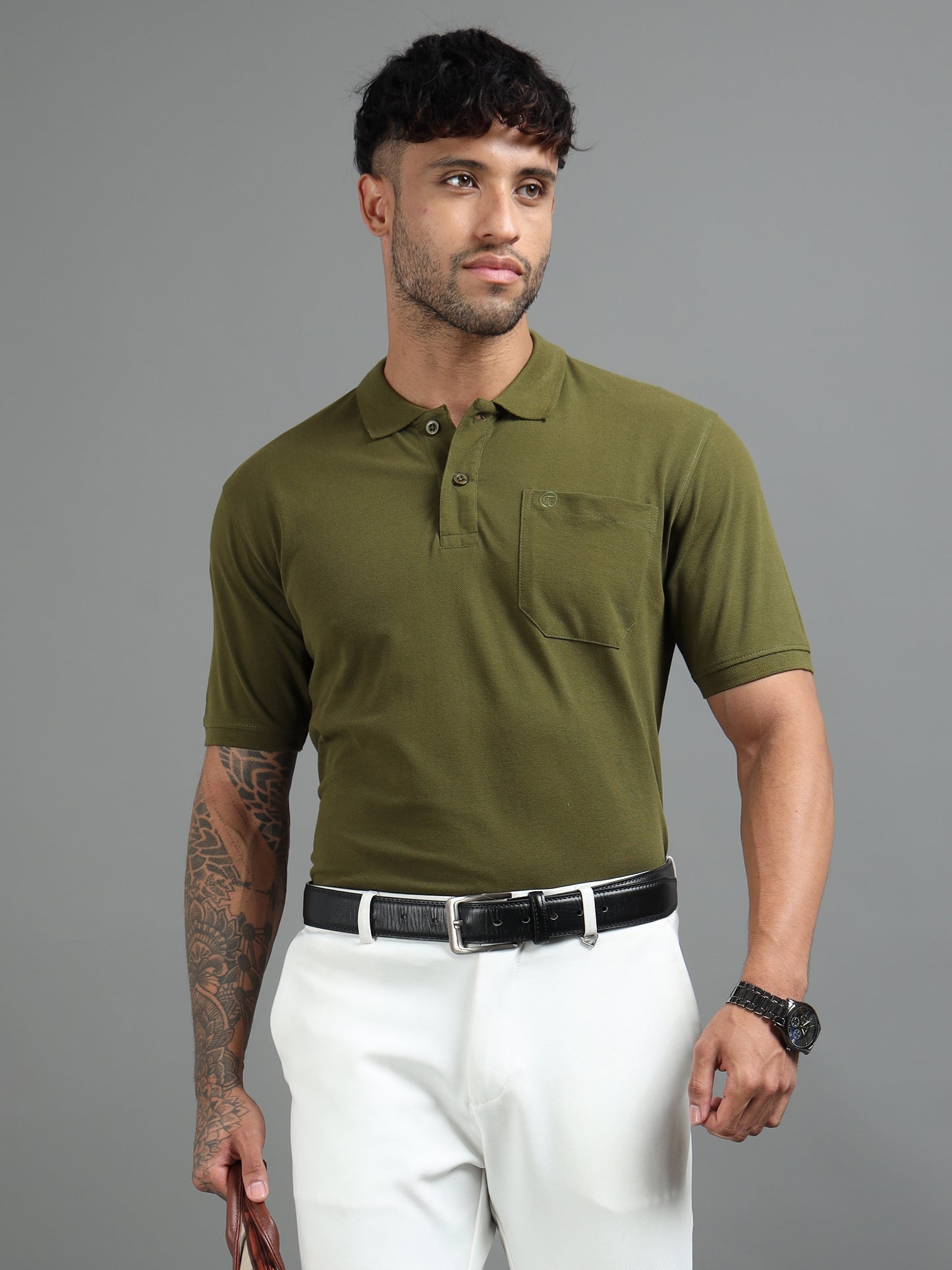 Mens Executive Cotton Polos with Pocket Army green Polo T-shirt TK707