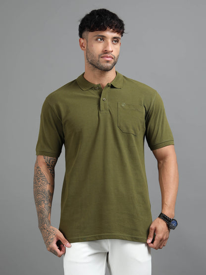 Mens Executive Cotton Polos with Pocket Army green Polo T-shirt TK707