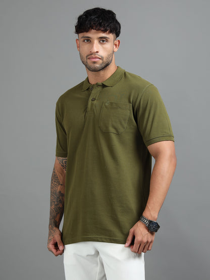 Mens Executive Cotton Polos with Pocket Army green Polo T-shirt TK707