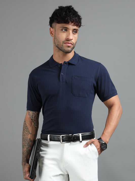 Mens Executive Cotton Polos with Pocket Oxford Navy Polo T-shirt TK707