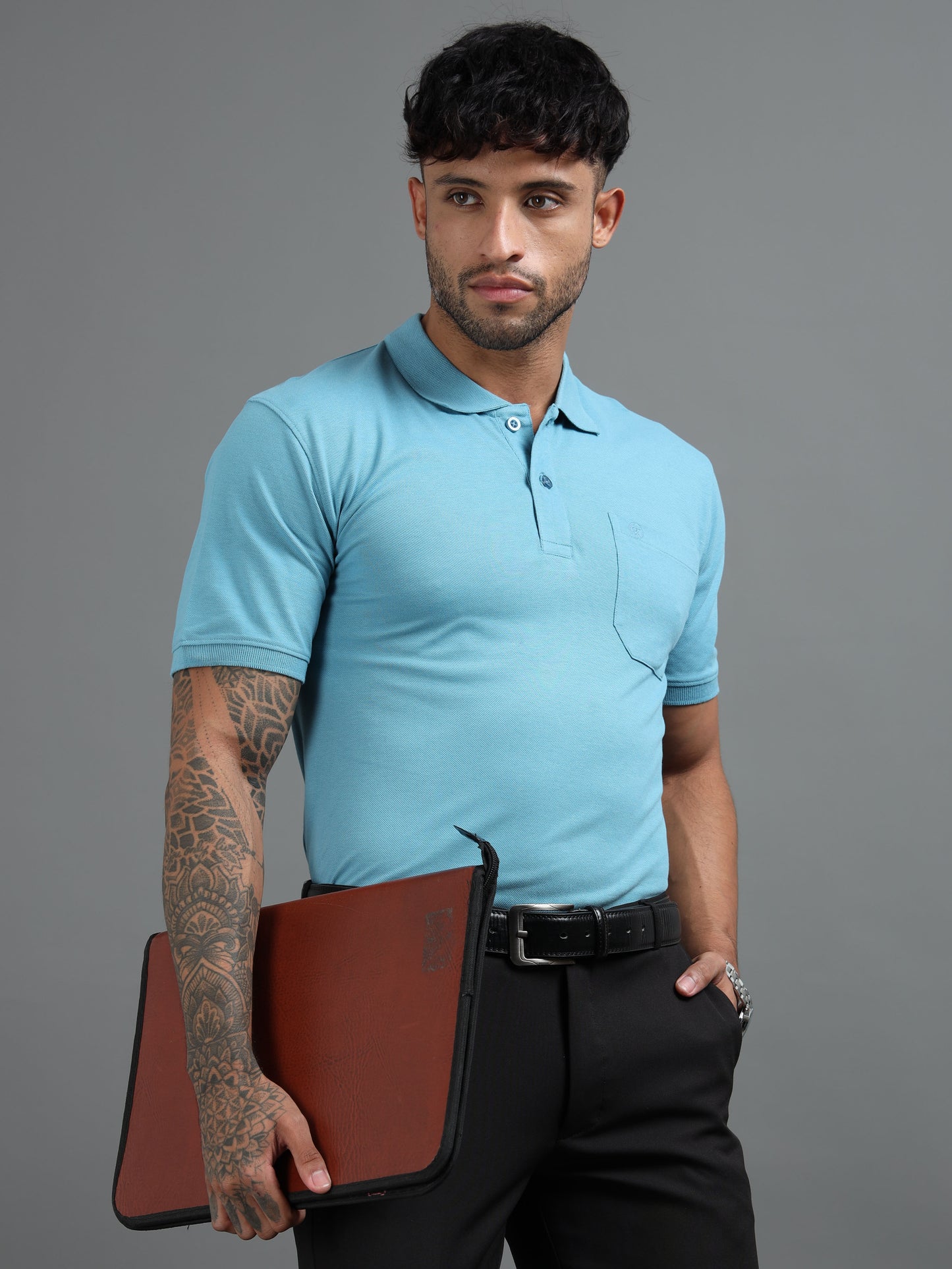 Mens Executive Cotton Polos with Pocket Frost blue Polo T-shirt TK707