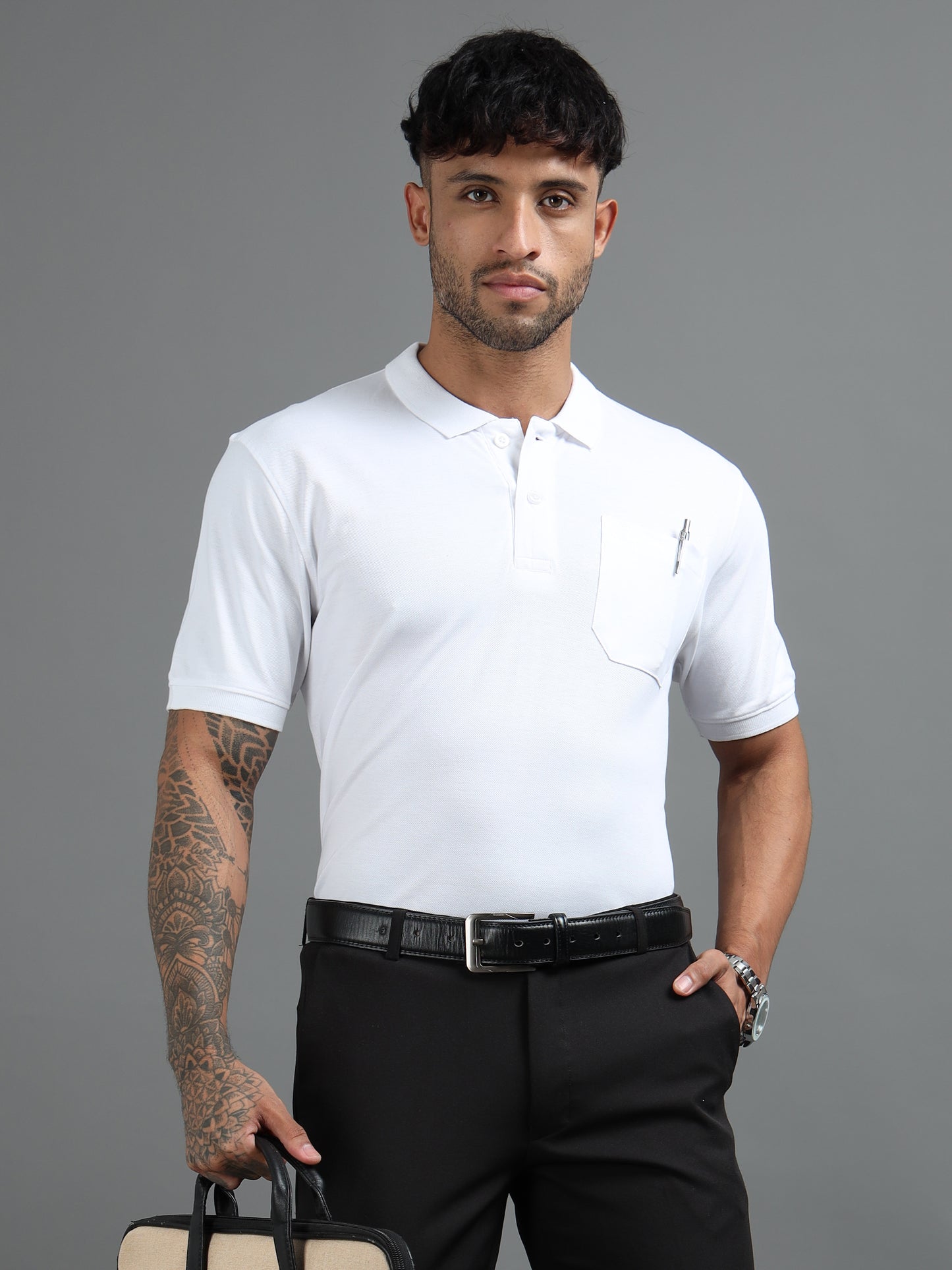 Mens Executive Cotton Polos with Pocket Misty White Polo T-shirt TK707