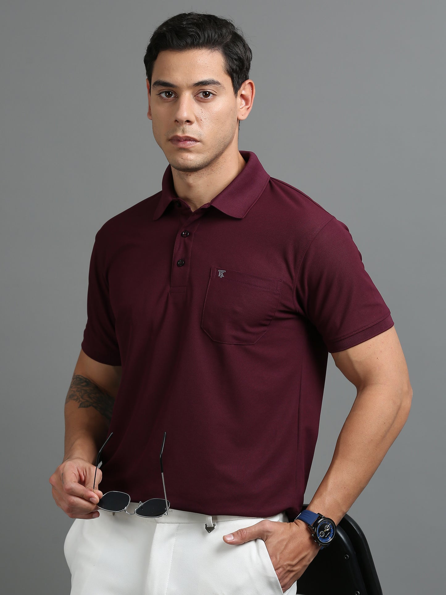 Mens Smart Dry fit Mulberry wine Polo Tees with Pocket TK710