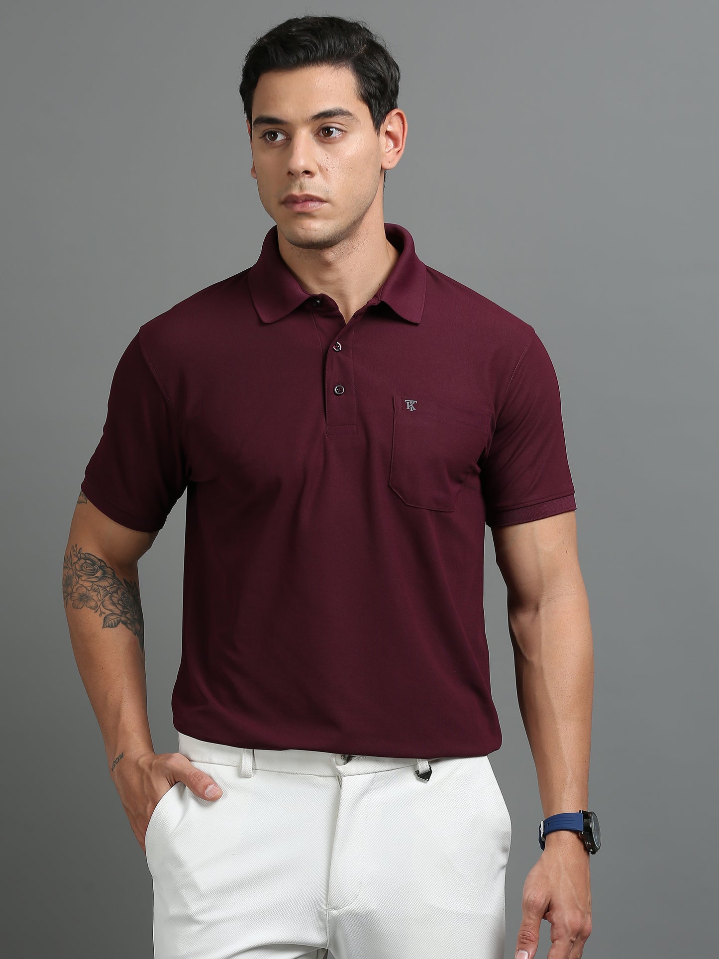 Mens Smart Dry fit Mulberry wine Polo Tees with Pocket TK710
