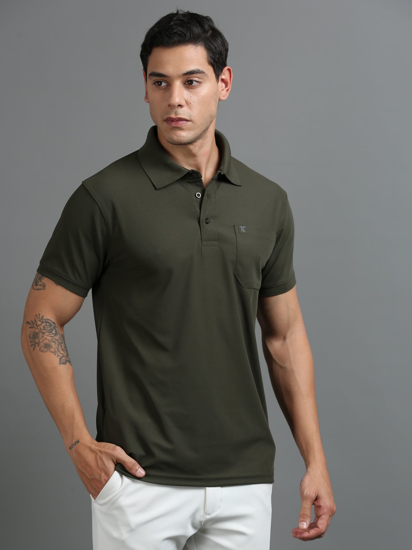 Mens Smart Dry fit Cedar Olive Green Polo Tees with Pocket TK710
