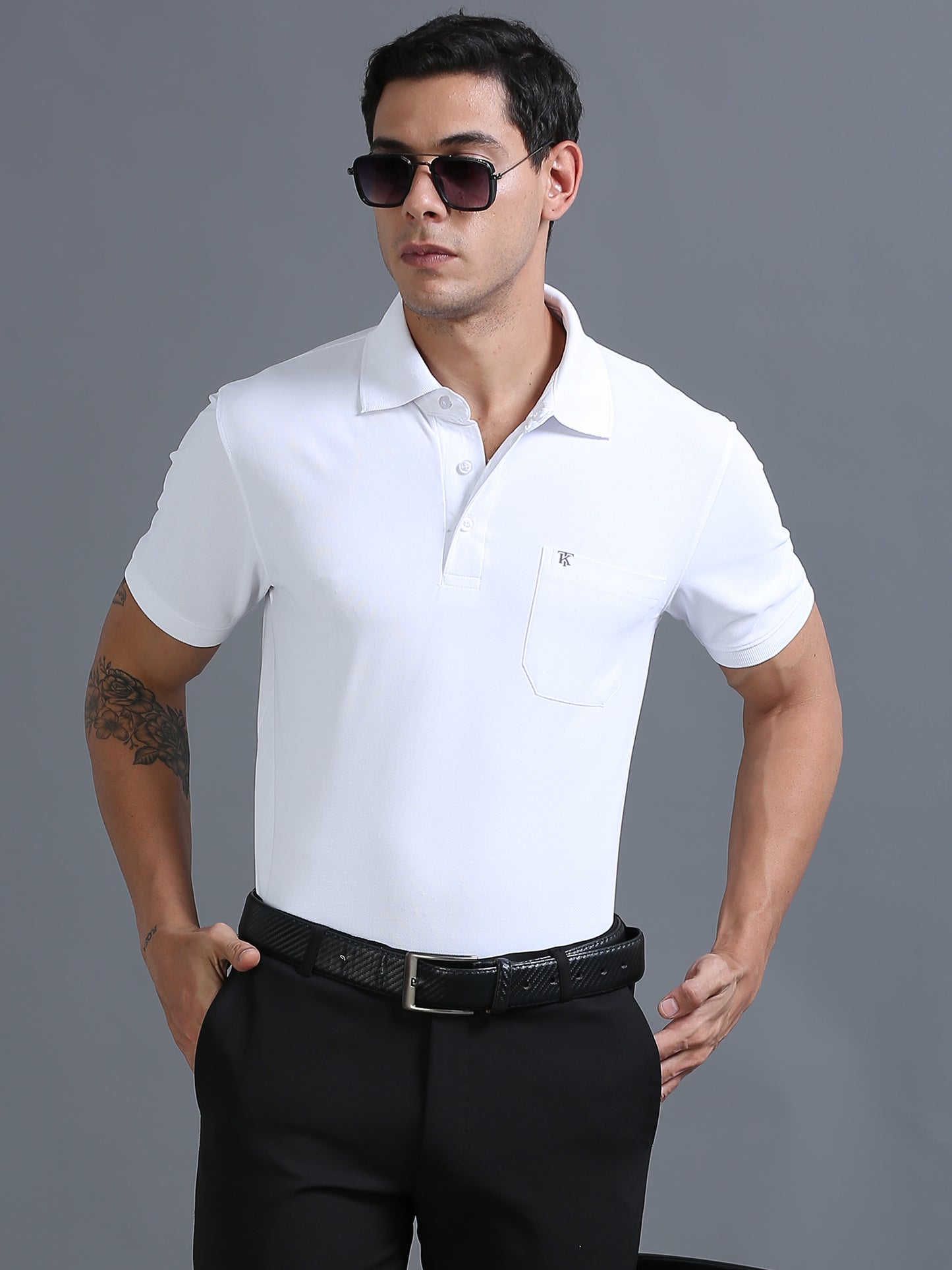 Mens Smart Dry fit White Polo Tees with Pocket TK710
