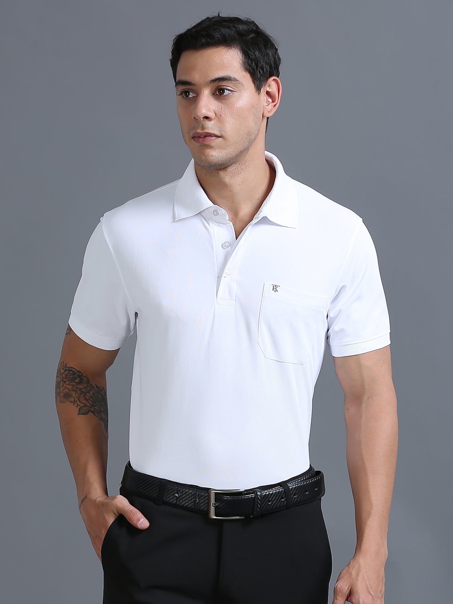 Mens Smart Dry fit White Polo Tees with Pocket TK710