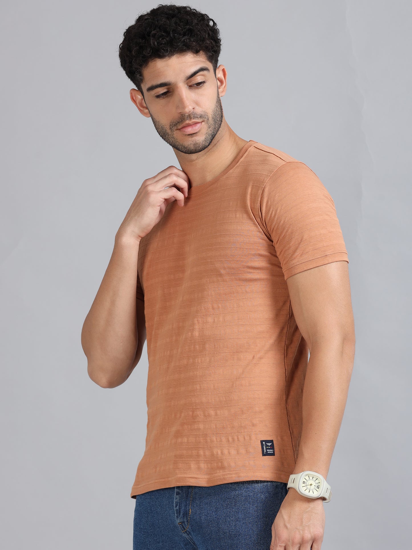 Mens Premium SIGNATURE JACQUARD ROUNDNECKS - MELON ORANGE TK738